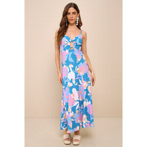 Lulus Celebrating Sun Teal Blue Tropical Floral Cutout Midi Dress - Size L